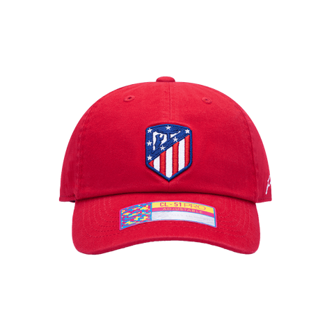 Front view of Atletico Madrid Bambo Classic with low unstructured crown, curved peak brim, and buckle closure, in red.