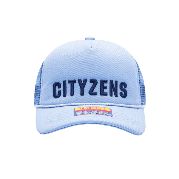 Manchester City Pride Trucker with mid crown, curved peak brim, mesh back, and snapback closure, in Light Blue